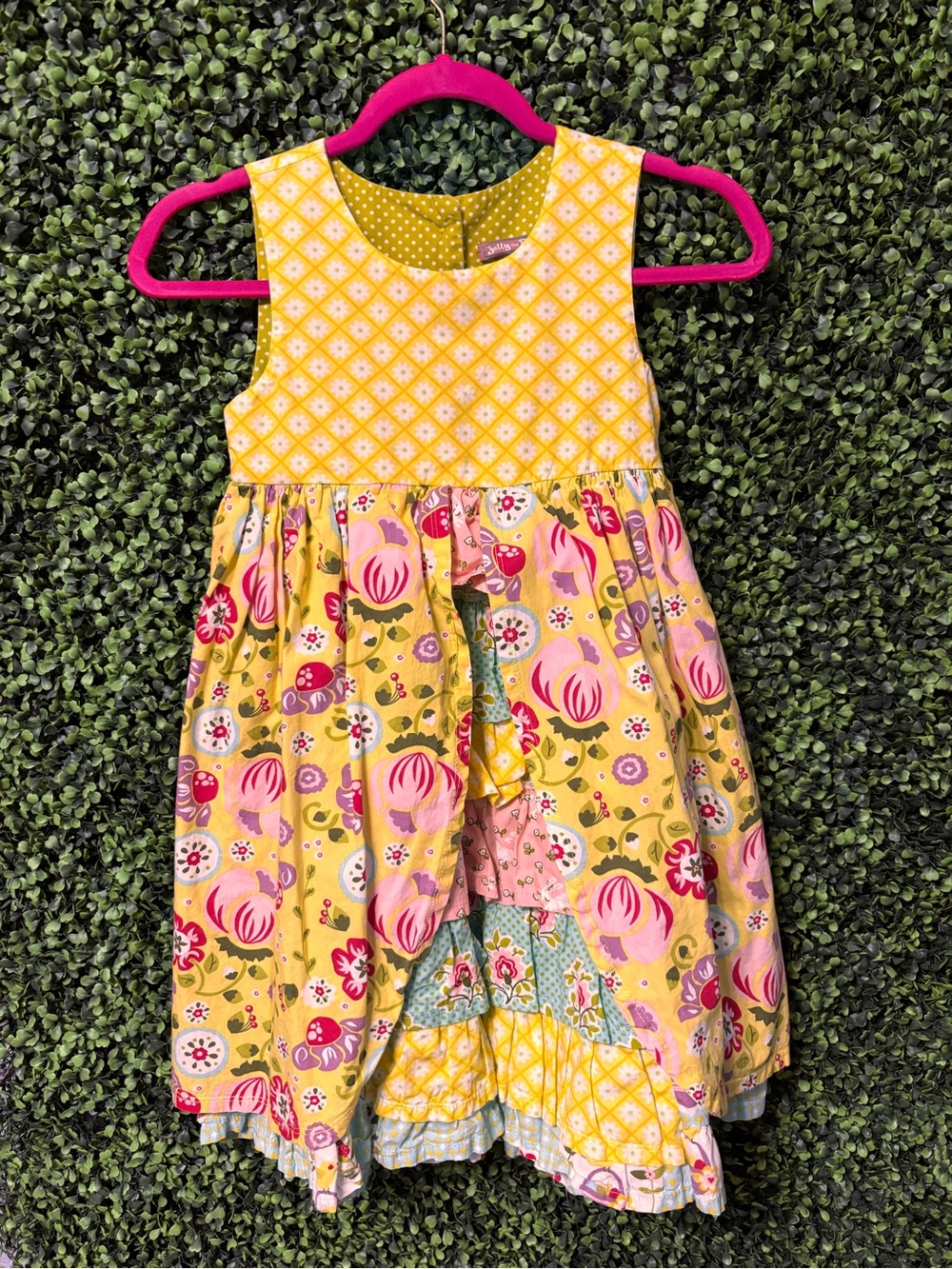 Jelly The Pug Bright Yellow Floral Patchwork Dress